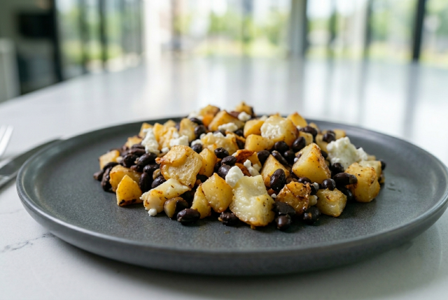 Mixture of black beans, diced potatoes and egg whites on a plate on a table