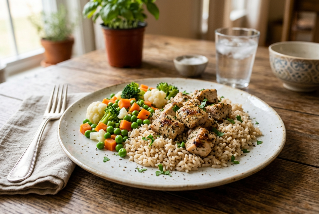 Diced chicken, rice and mixed vegetables on a plate on a dinner table