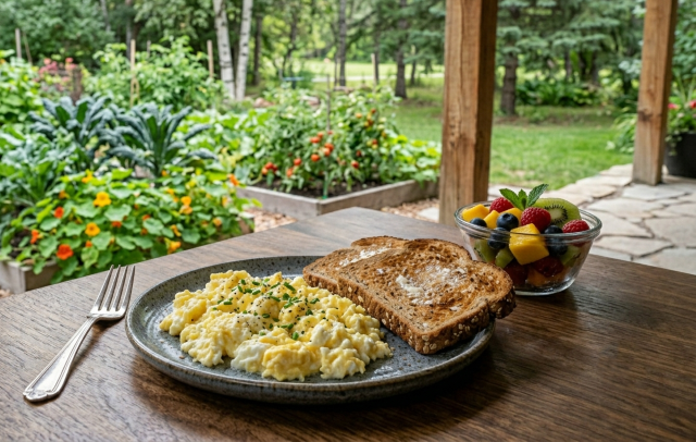 Plate with scrambled eggs and egg whites and 2 slices of whole wheat toast, with bowl of mixed fruit on the side, on a table outdoors.