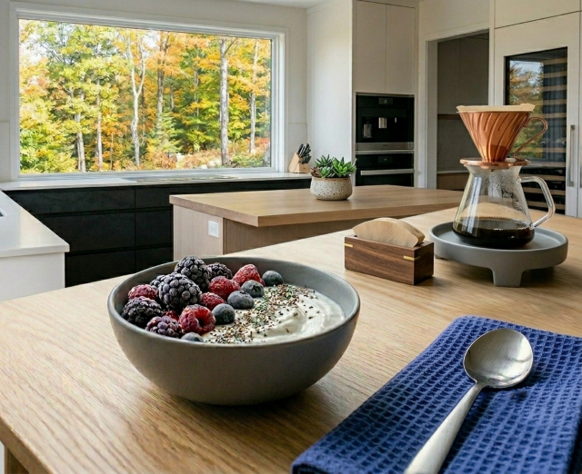 Bowl of plain Greek yogurt mixed with mixed berries and chia seeds