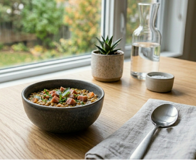 Bowl of lentil soup with diced ham mixed in, sitting on a dinner table