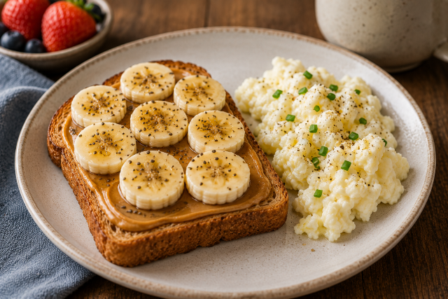 Plate with one piece of whole wheat toast topped with peanut butter and banana, with scrambled egg whites on the side