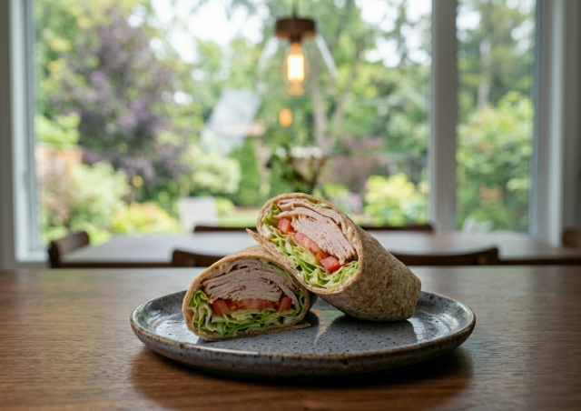 Wrap with deli turkey meat, lettuce, tomato and light mayo in it on a plate on a table