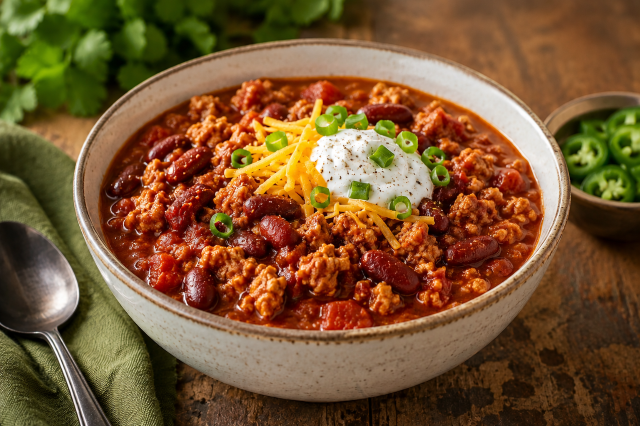 Bowl of chili on a table