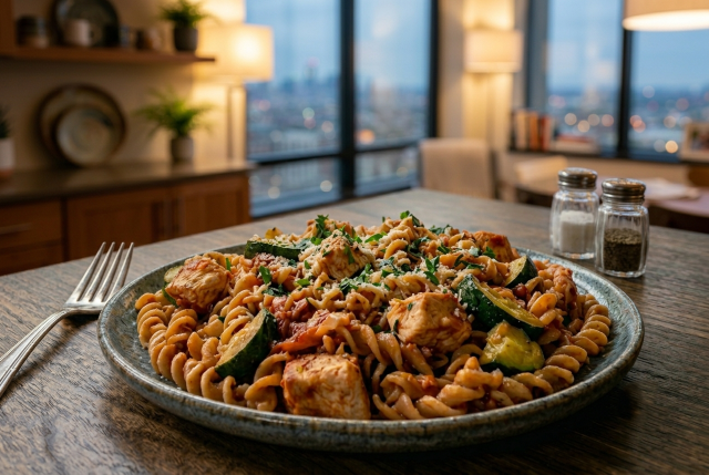 Plate of whole wheat pasta, diced chicken, zucchini and marinara sauce, on table in kitchen