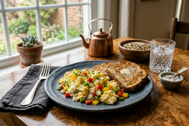 Scrambled eggs and egg whites mixed with bell peppers and onions with a side of whole wheat toast on a plate on a table.