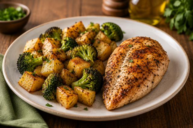 Plate of roasted chicken breast with mixture of roasted cubed potatoes and broccoli