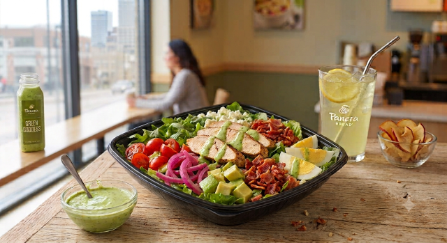 Panera Bread Green Goddess Cobb Salad as a healthier high protein fast food and side of apple slices and dressing.